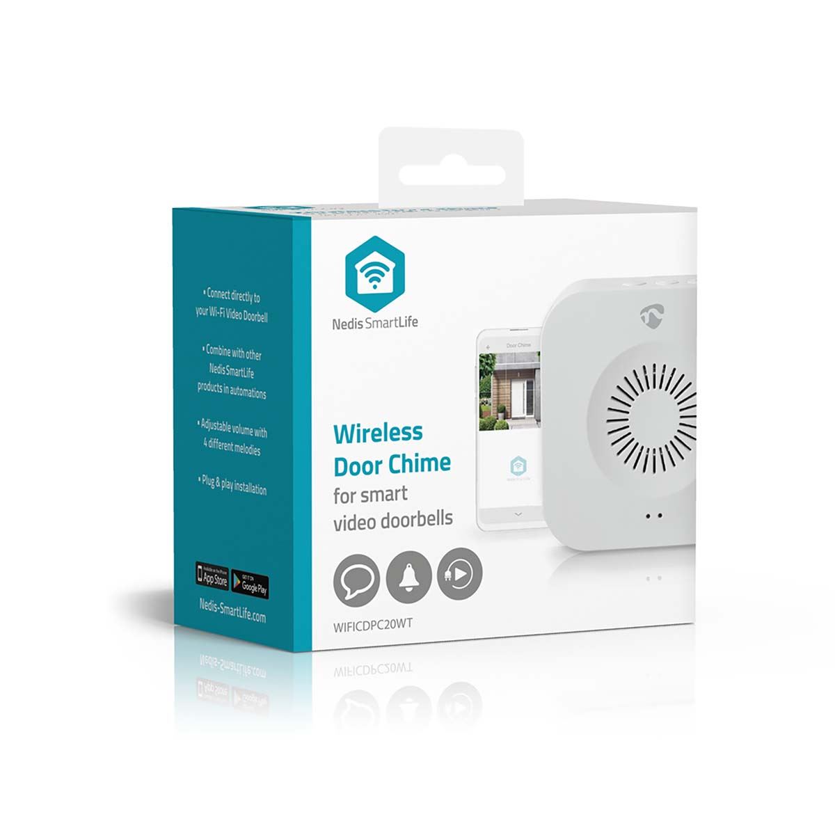 Nedis SmartLife Chime | RF, frequency 433 Mhz | Accessory for: WIFICDP10GY / WIFICDP30WT / WIFICDP40CWT | Battery Powered / USB Powered | 4 Sounds | 4.5 V DC / 5 V DC | Adjustable volume | White