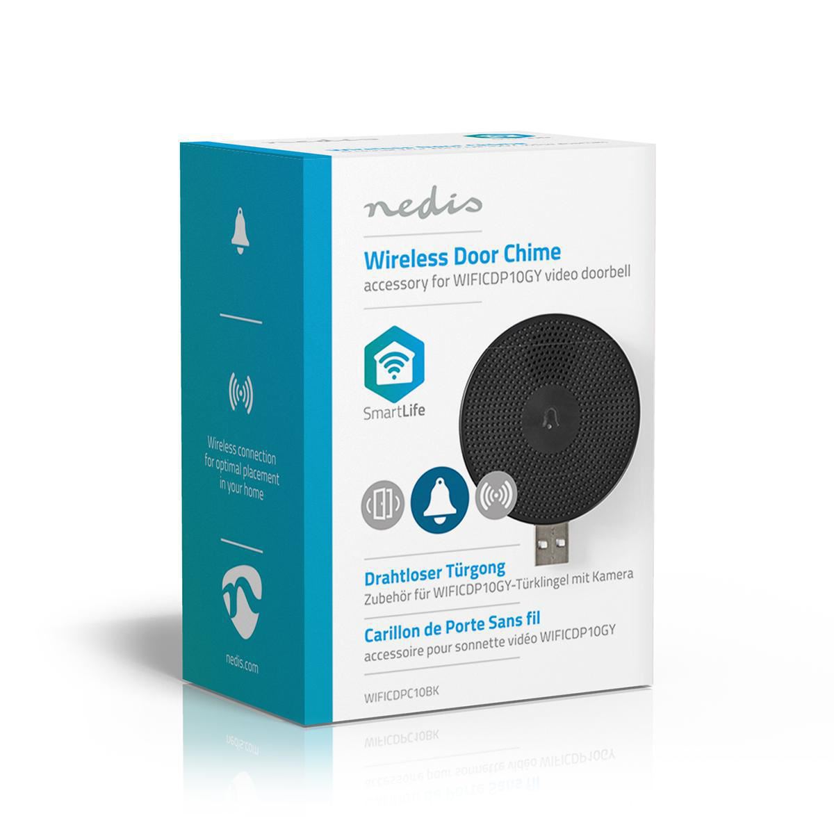 Nedis SmartLife Chime | RF, frequency 433 Mhz | Accessory for: WIFICDP10GY / WIFICDP30WT / WIFICDP40CWT | USB Powered | 4 Sounds | 5 V DC | Adjustable volume | Black