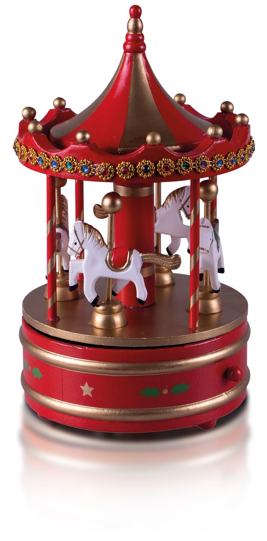 Christmas Wooden Mechanical Carousel Music Box Wind Up Ornament - Red & Gold
