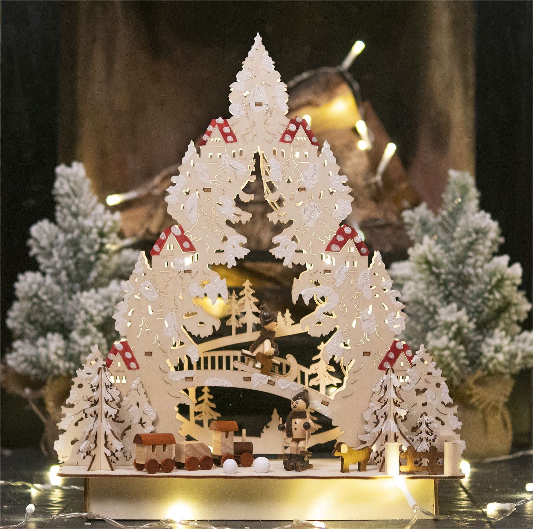 Wooden LED Light Up Festive Christmas Tree Village Scene Battery Powered