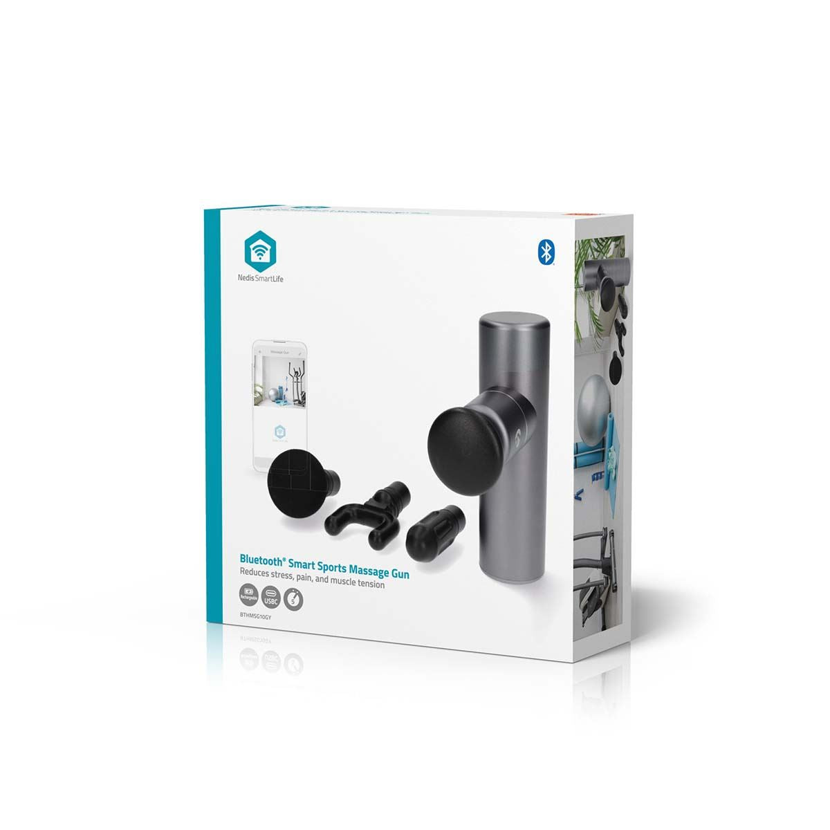 Nedis Smart Bluetooth Mini Ultra Light Sports Massage Gun, 5 Speeds up to 3600 RPM, 4 Attachments, Aluminium Body, Rechargeable - Dark Grey