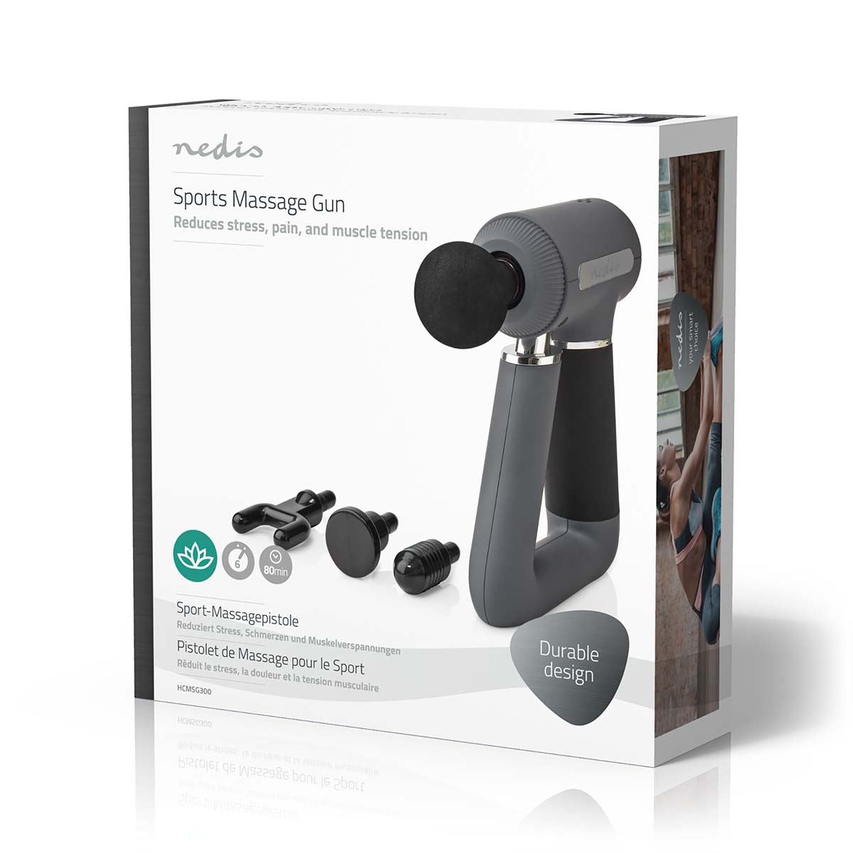 Nedis Sports Massage Gun, 6-Speed with 4 Attachments, Brushless Motor for Muscle Recovery & Relaxation, Triangular Handle, Rechargeable - Grey