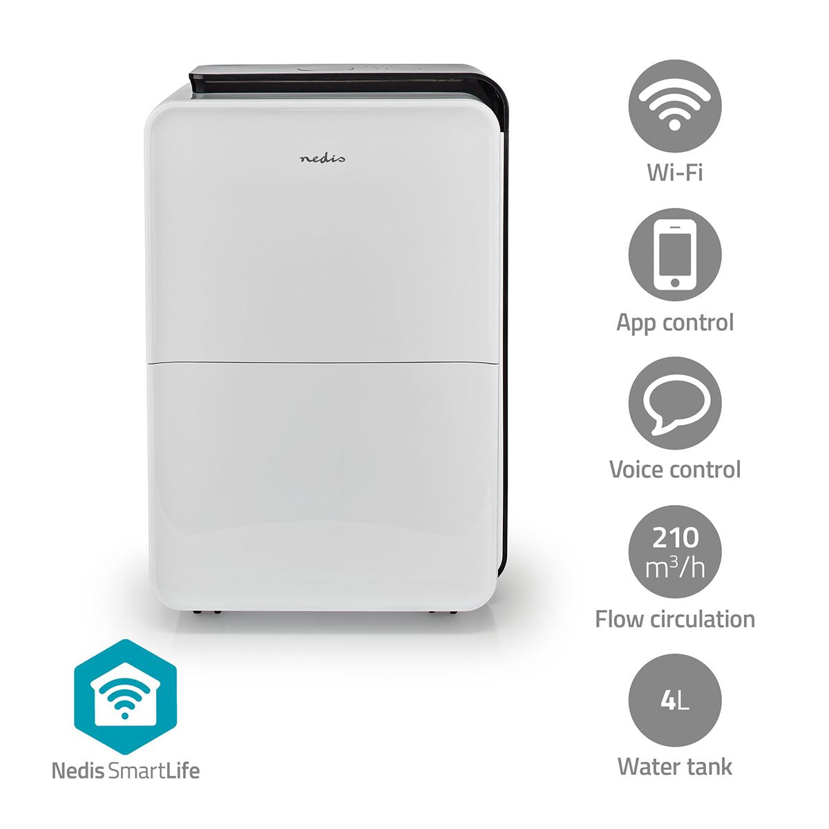 Nedis SmartLife Dehumidifier | Wi-Fi | 30 l/Day | Dehumidification / Continuous / Max+ / Dry laundry / Ventilation | Android™ / IOS | Adjustable hygrostat | 210 m³/h