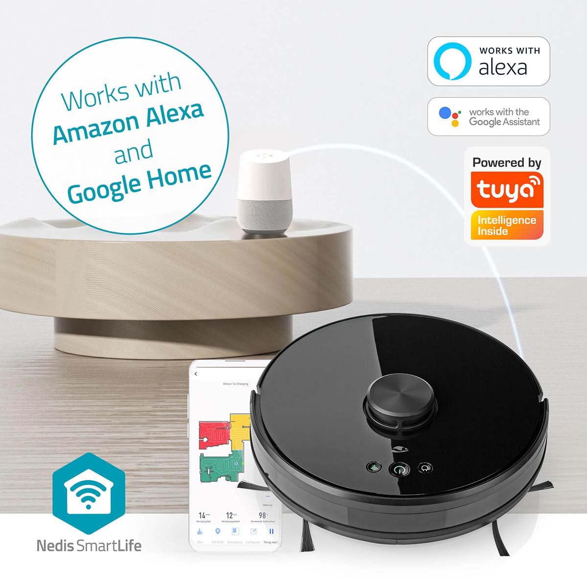 Nedis SmartLife Robot Vacuum Cleaner | Laser Navigation | Wi-Fi | Capacity collection reservoir: 0.6 l | Automatic charging | Maximum operating time: 2 hrs | Black | Android™ / IOS