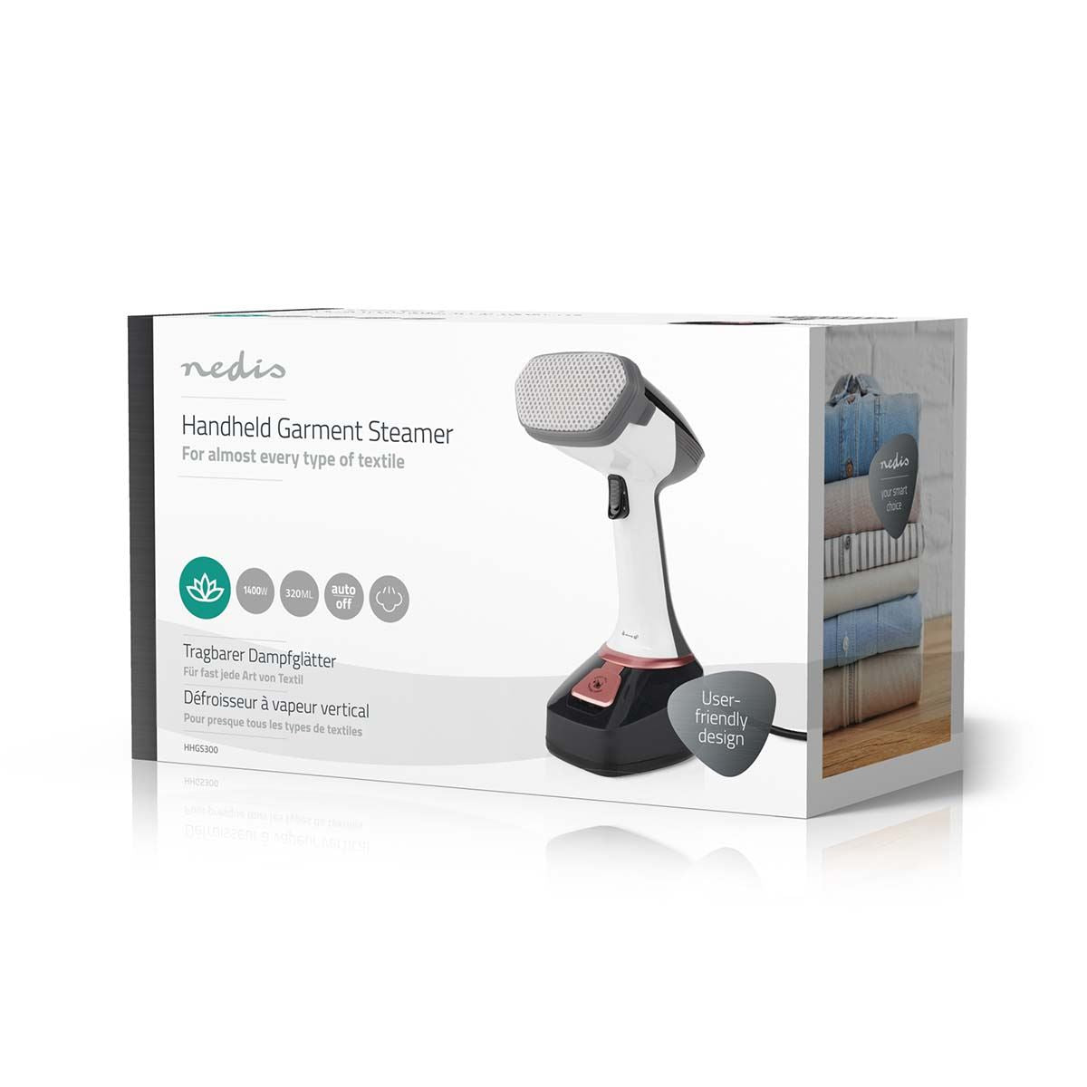 Nedis Garment Steamer, Handheld Clothes Steamer with 320 ml Tank, 1400 W, Vertical & Horizontal Use, Fast Heat-Up, 2-in-1 Brush Head