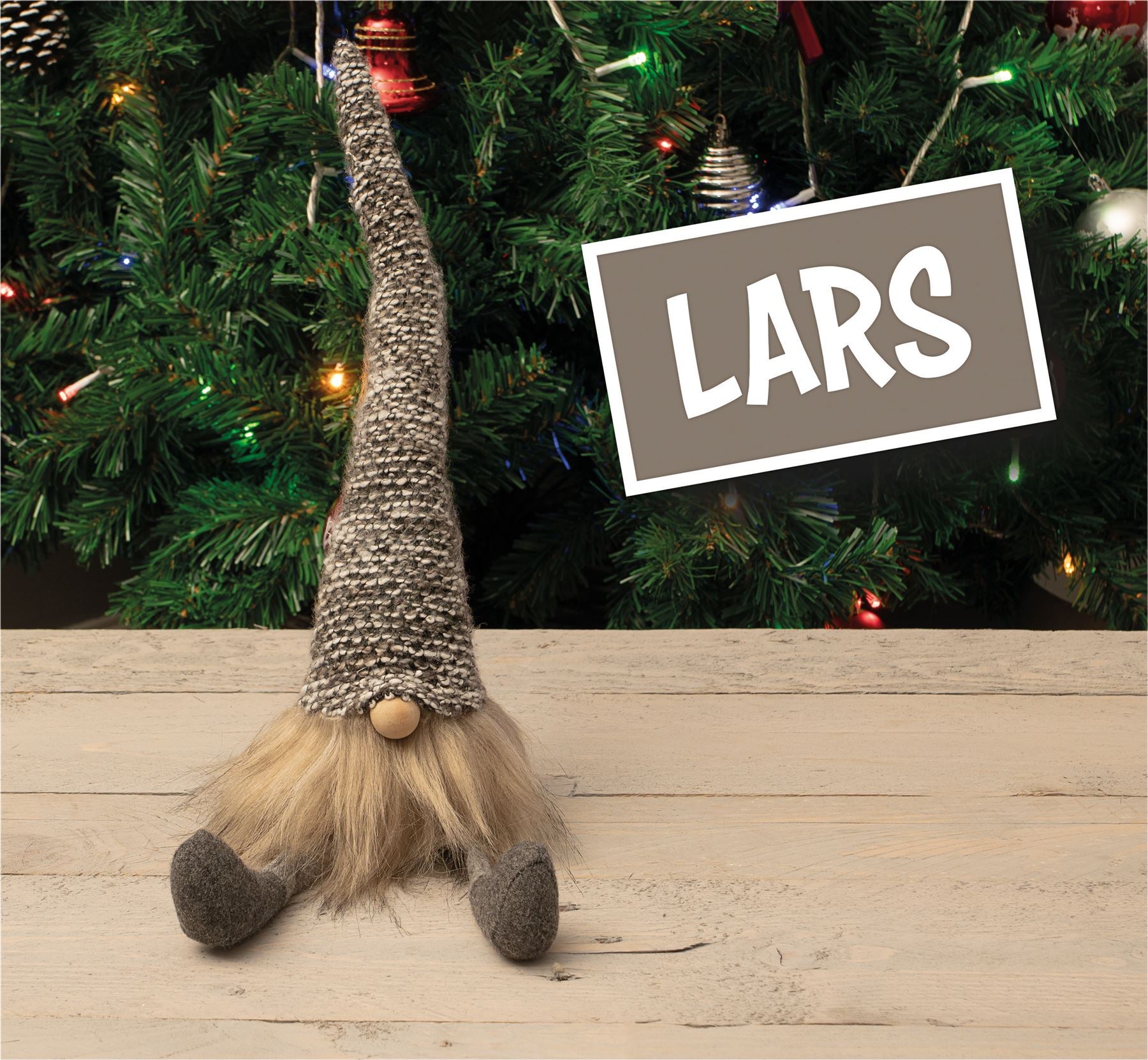 Knitted "Lars" Christmas Sitting Gonk Decoration Nordic Gnome Elf Festive Ornament with Wooden Nose - Grey Check