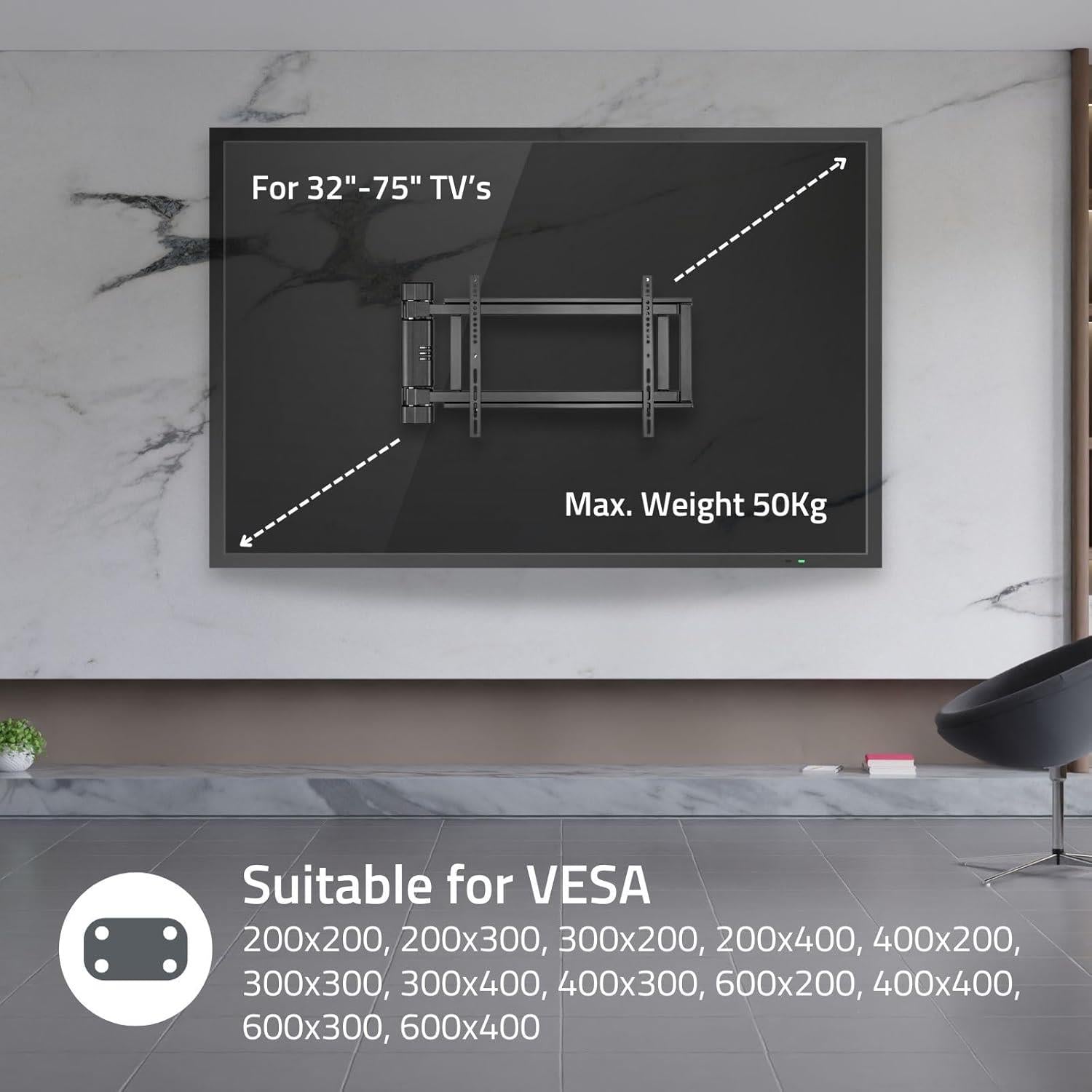 Nedis Motorised Swing TV Wall Mount Bracket for 32-75" Screen Max 50kg with Remote Control