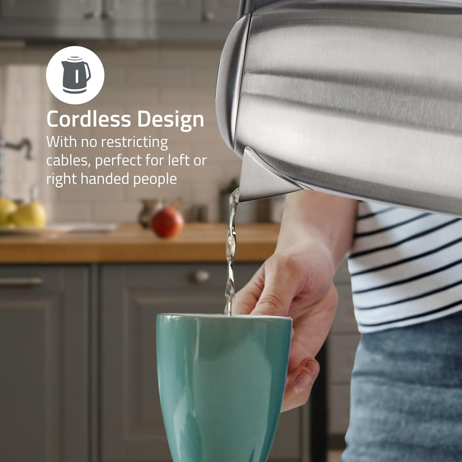 Nedis 1.7L Electric Kettle Cordless Silver 2200W Boil Dry Protection Auto Switch Off