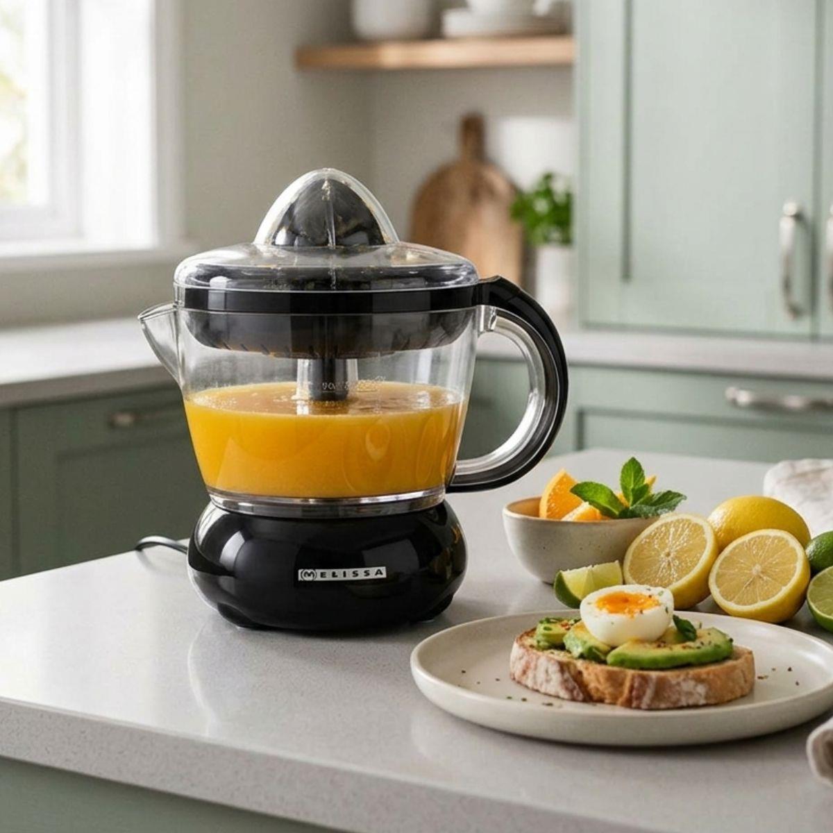 MELISSA 0.7L Electric Citrus Press Juicer Squeezer, 40W Motor, with Bi-Directional Twist, 2 x Interchangeable Cones, and Easy Pour Spout, for Lemon Grapefruit Orange Lime Juice Extractor - Black