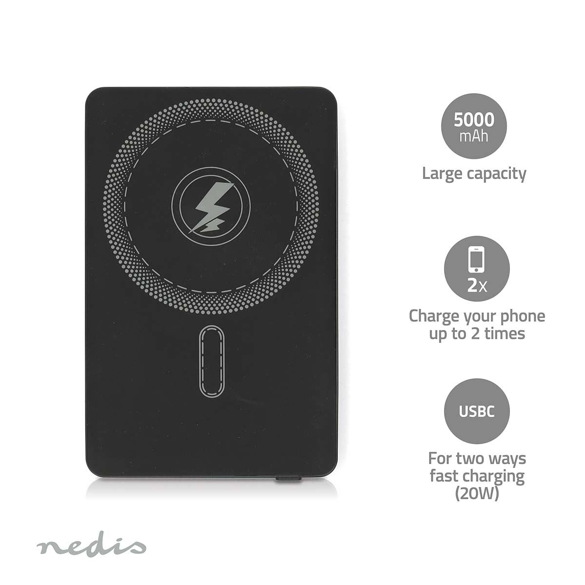 Nedis Magnetic Wireless Powerbank 5000 mAh | 1.67 / 2.22 / 3.0 A | Output connection: 1x USB-C™ | Input connection: 1x USB-C™ | PD3.0 20W | Lithium-Polymer