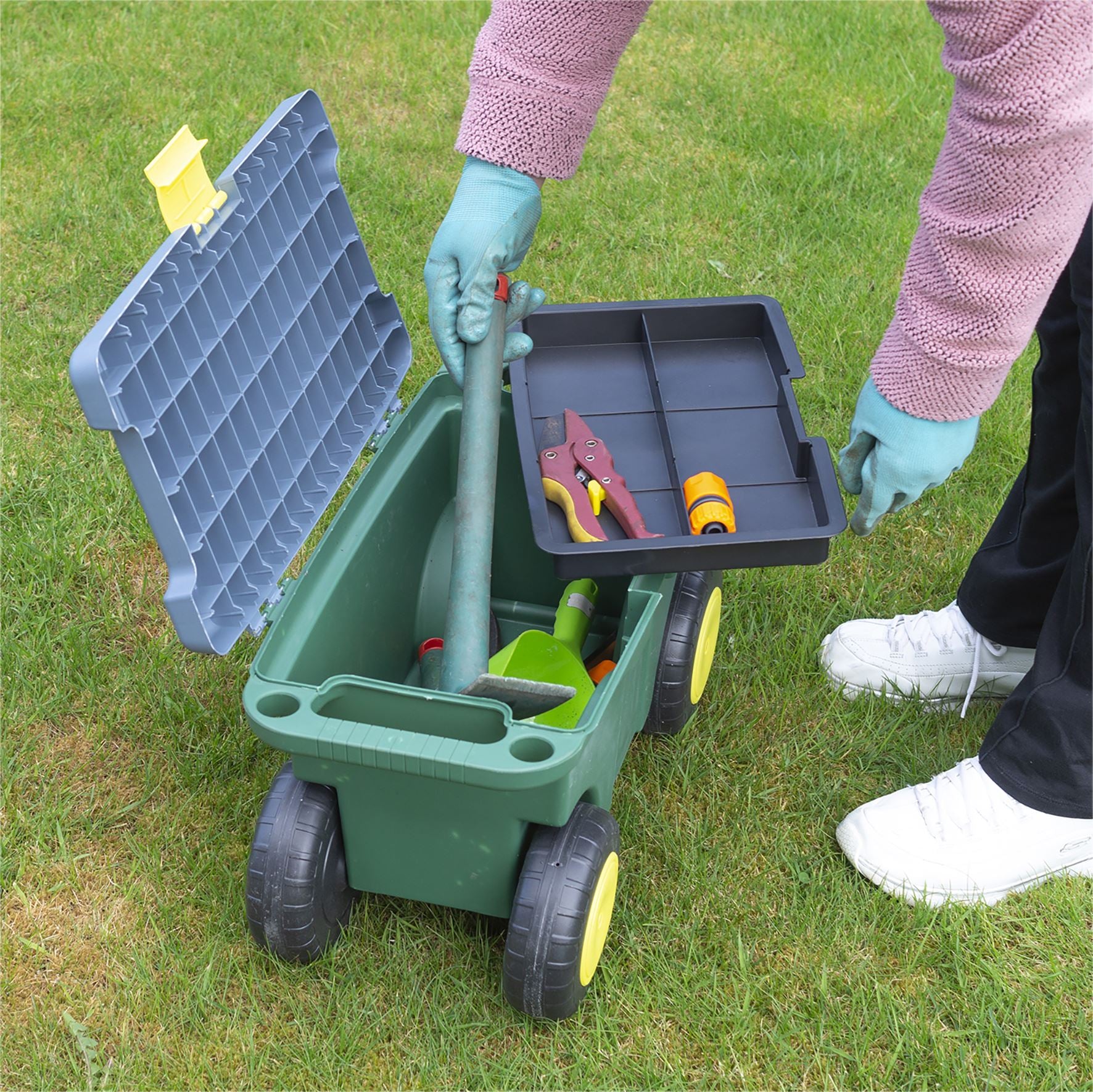 Outdoor Rolling Garden Seat Wheeled Stool with Tool Tray & Store