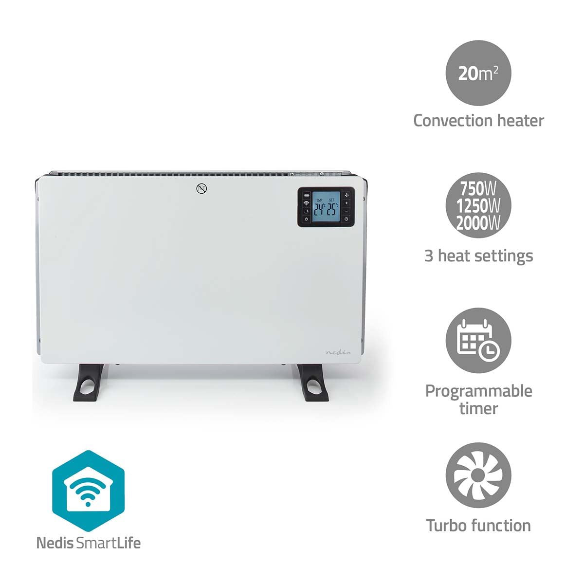 Nedis SmartLife Convection Heater | Wi-Fi | 2000 W | 3 Heat Settings | LCD | 5 - 37 °C | Adjustable thermostat | White