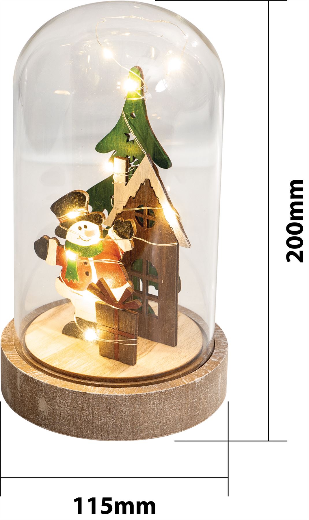 Light Up Cloche Snowman Christmas Scene with Glass Dome and Wire LED Lights Battery Powered