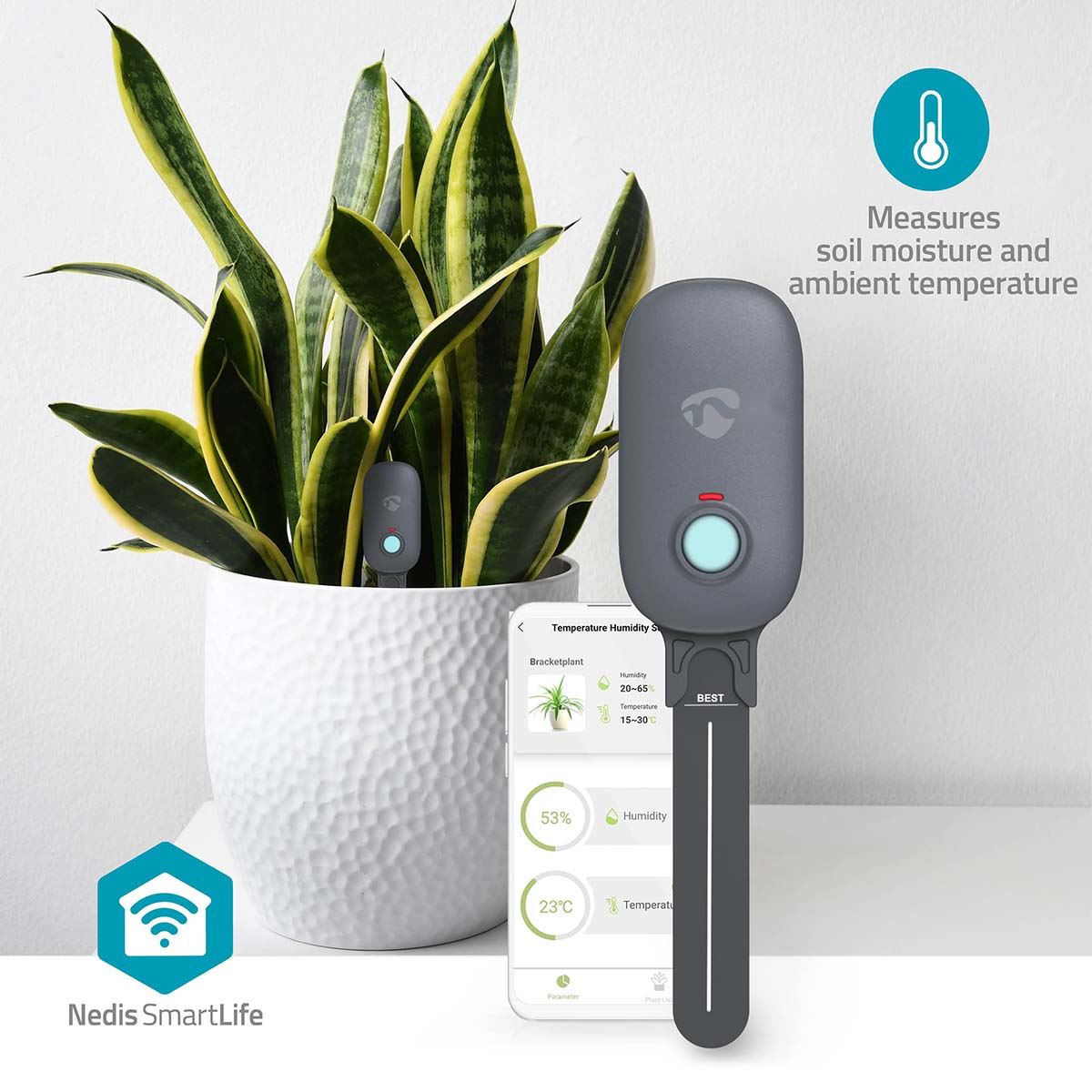 Nedis Smartlife Soil Moisture Meter, Bluetooth Smart Sensor for Soil Moisture and Ambient Temperature Monitoring, Compatible with Smartlife App - Indoor/Outdoor Use - Grey