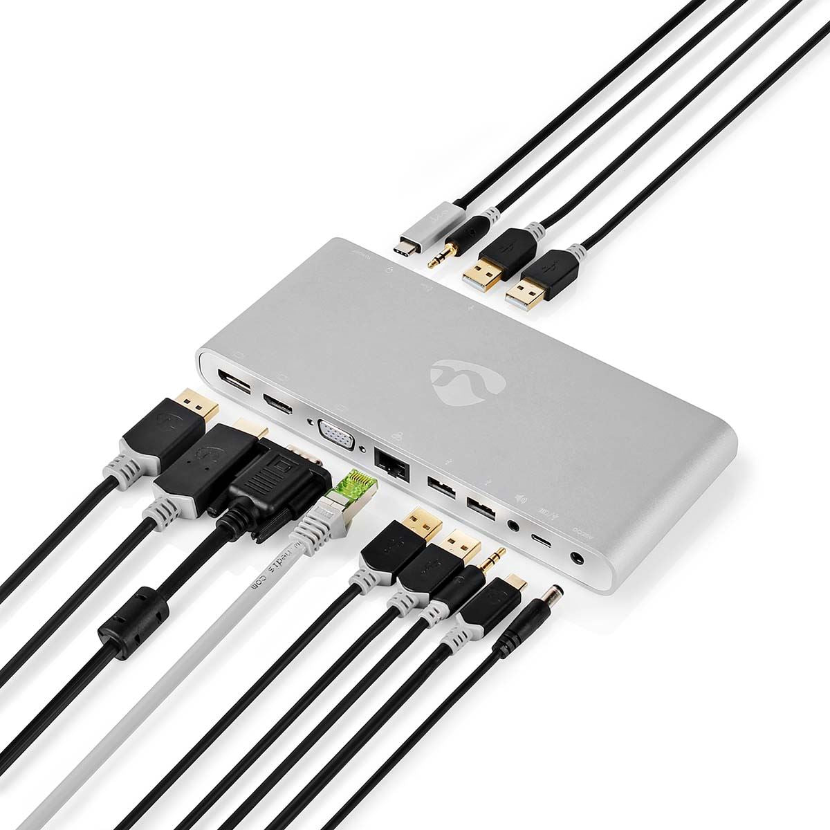 Nedis USB Docking Station | USB 3.2 Gen 1 | USB-C™ Male | DisplayPort Female / HDMI™ Output / RJ45 Female / VGA Female / 2x 3.5 mm Female / 2x USB-C™ / 4x USB-A | 0.20 m | Round | Nickel Plated | Braided / Nylon | White | Window Box with Euro Lock