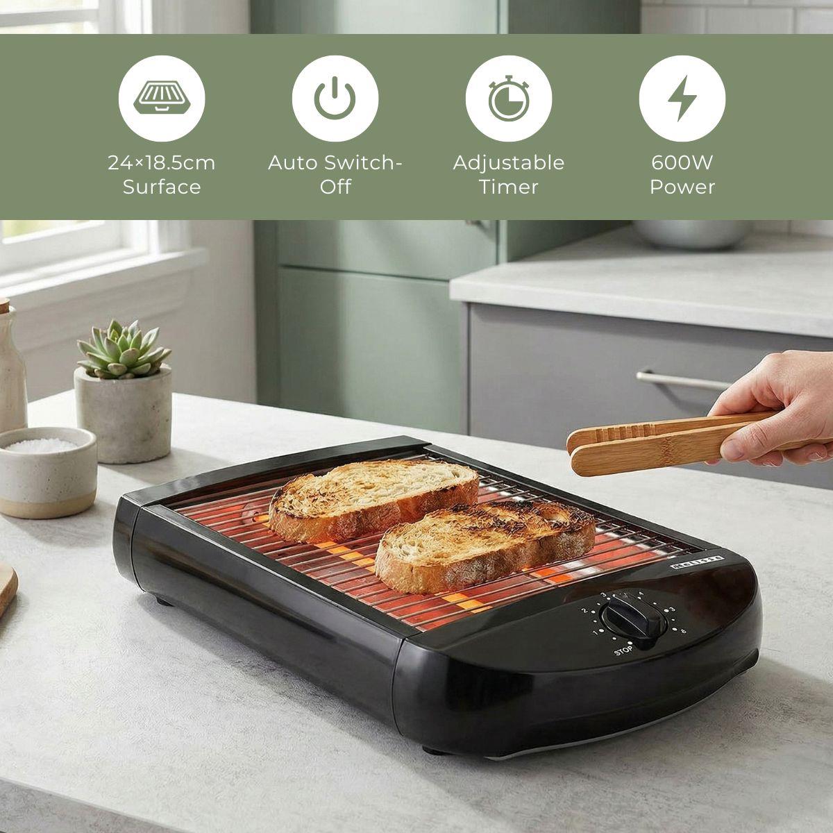 MELISSA Flat Toaster all types of Bread / Baked Goods, 600W, Timer with 6 Toast Levels, Buzzer and Crumb Tray - Black
