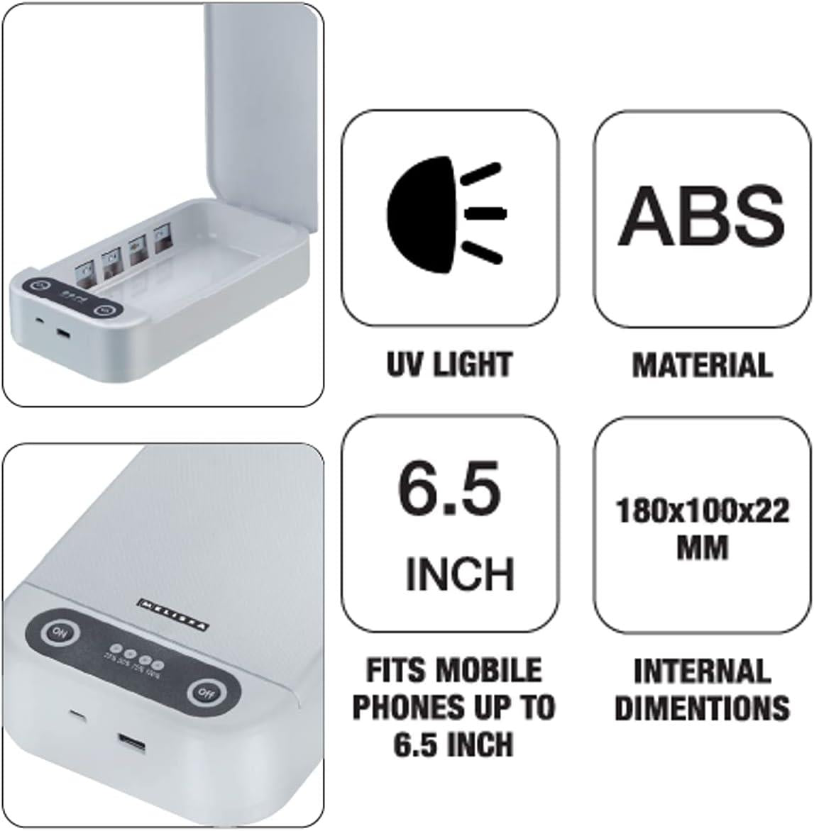 MELISSA Multifunctional Mini Device UV Steriliser Box, USB Powered, Mobile phones, Airpods, Keys, Jewelry etc