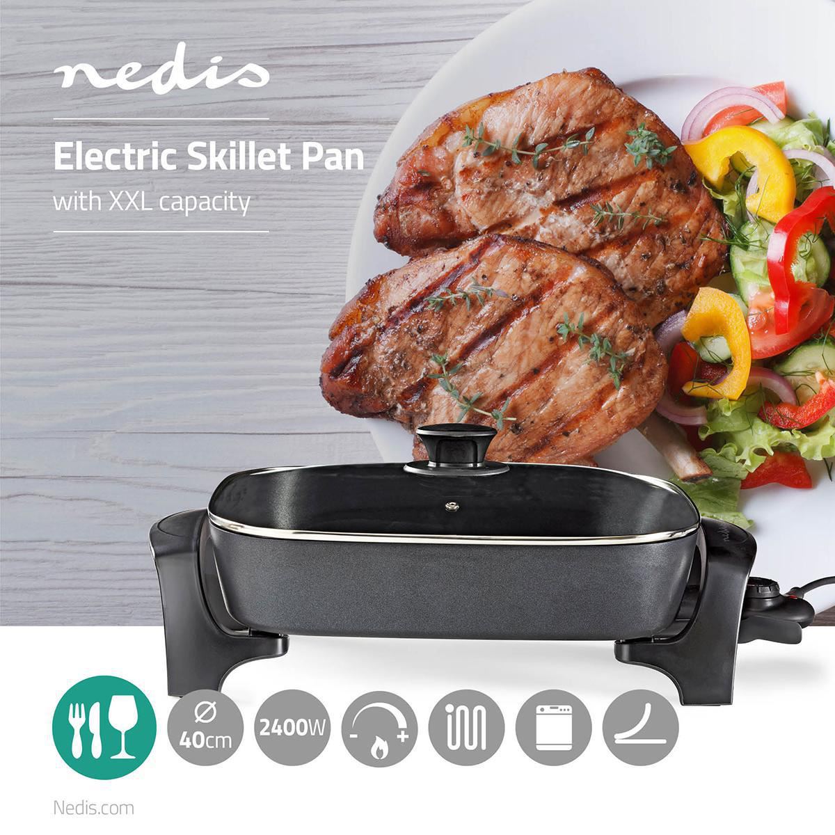 Nedis 7L Non Stick Electric Skillet Pan Cooker, 40cm XXL Multi Function with Tempered Glass Lid and Thick Cast Aluminium Body, 2200W for Frying, Baking, Stewing, Braising, Cooking - Black