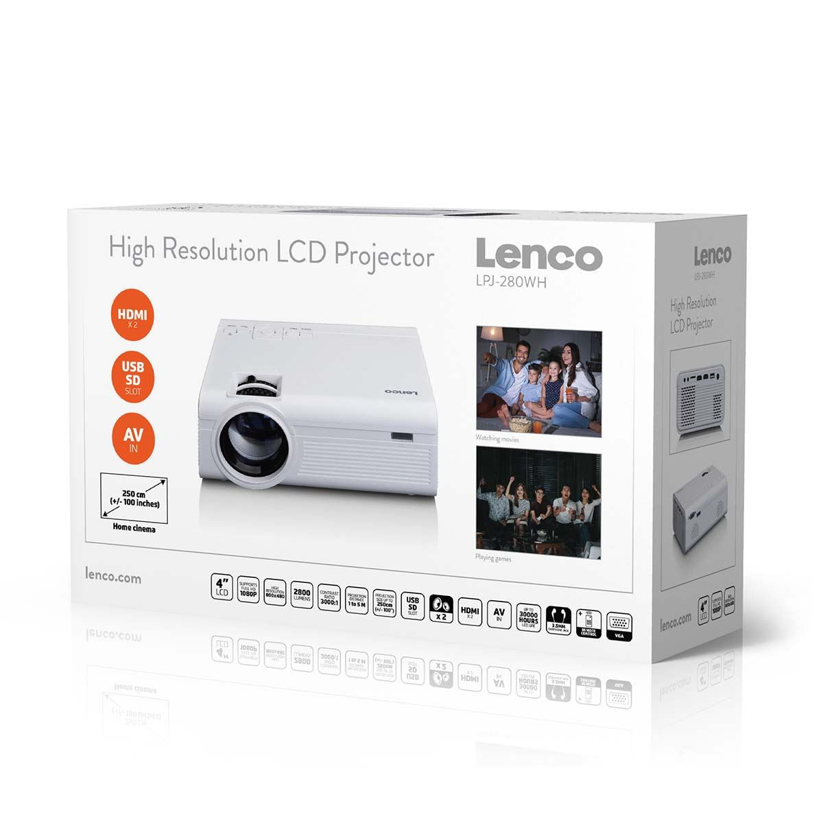 Lenco LCD Projector with high resolution, supports Full HD 1080P content White