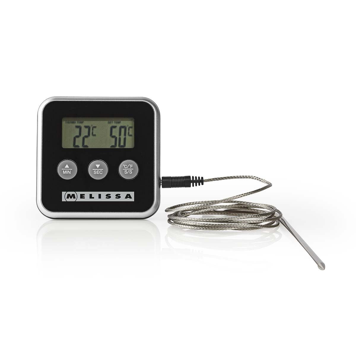 Melissa Leave-in Digital Food, Meat, Baking Thermometer Temperature Probe Cooking Kitchen BBQ, with Alarm, Timer - Black