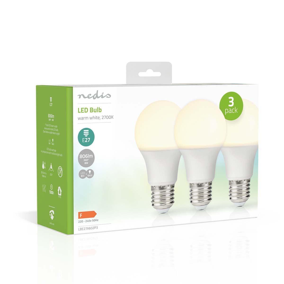 Nedis LED Bulb E27 | A60 | 8.0 W | 806 lm | 2700 K | Warm White | Retro Style | Frosted | 3 pcs