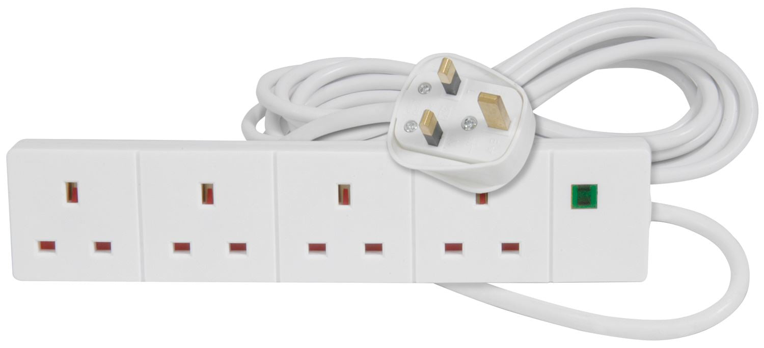 Mercury 4 Gang 5m Mains Powered Extension Leads with Surge Protection - White