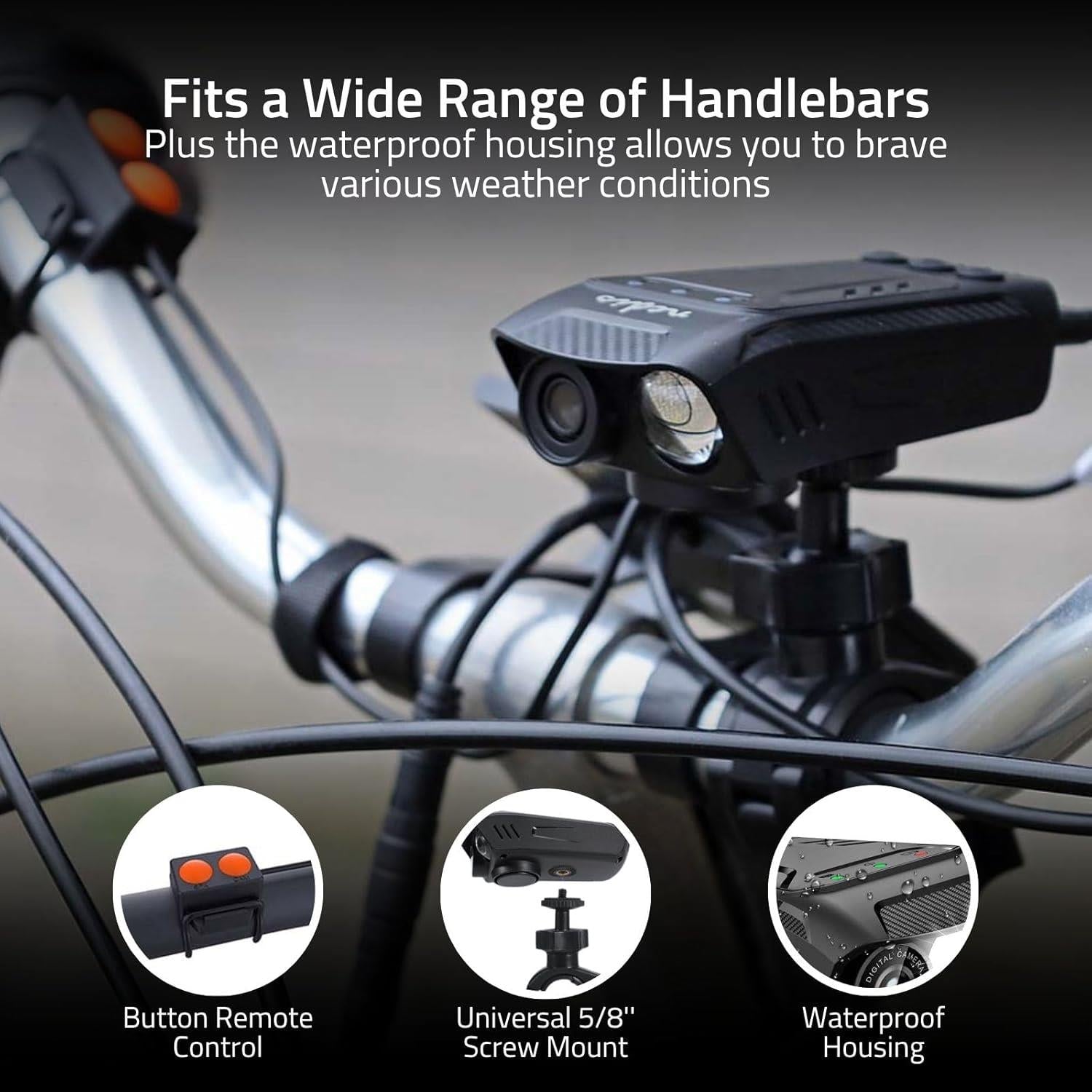 Nedis 3-in-1 Full HD Cycling Camera with Bike LED Head Light & Horn, 1080p 2MP, 600lm Night Mode, Waterproof, USB-C, 10hr Battery, MicroSD Slot � Black