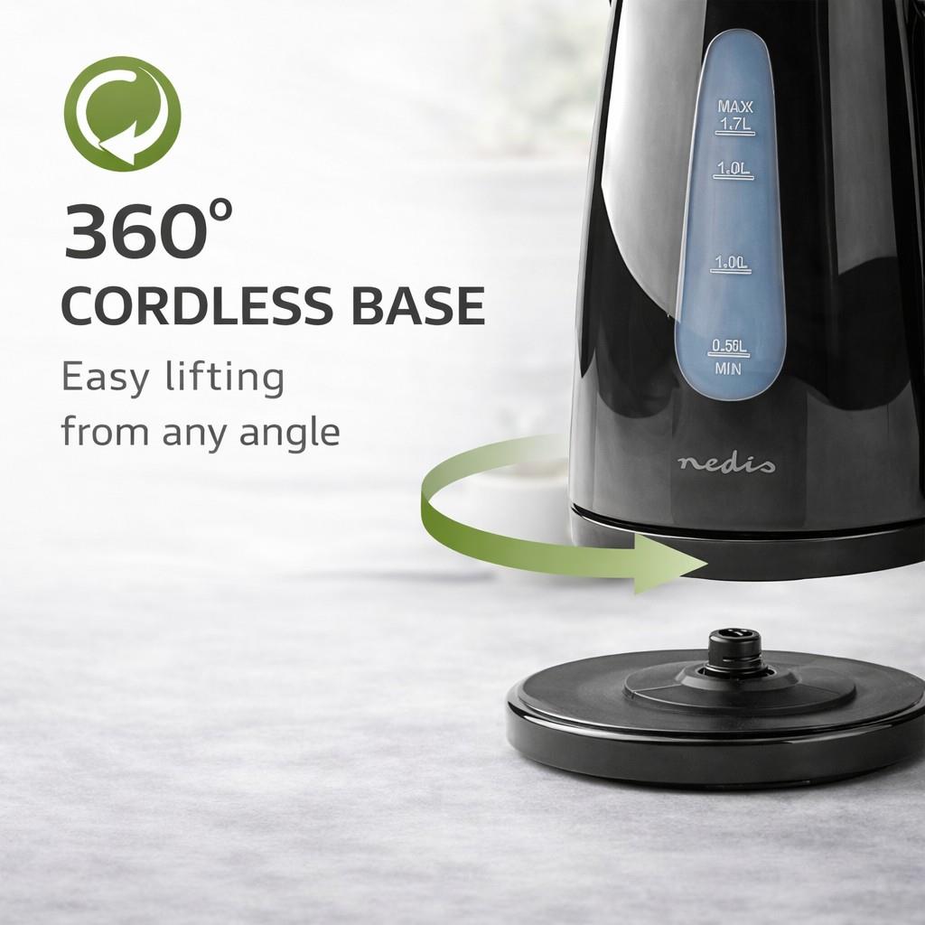 Nedis Electric Kettle | 1.7 l | Plastic | Black | Rotatable 360 degrees | Concealed heating element | Strix® controller | Boil-dry protection