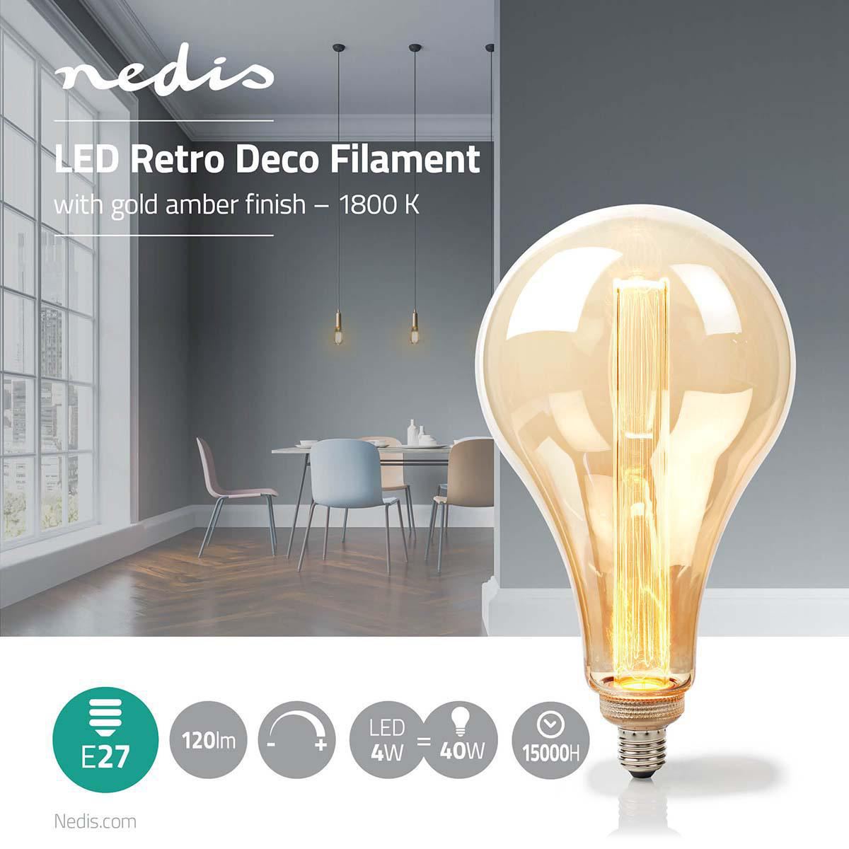 Nedis LED Filament Bulb E27, PS165 Retro Deco Amber Gold Glass, 4W, 1800K Extra Warm White, Dimmable, Replace 40W Incandescent