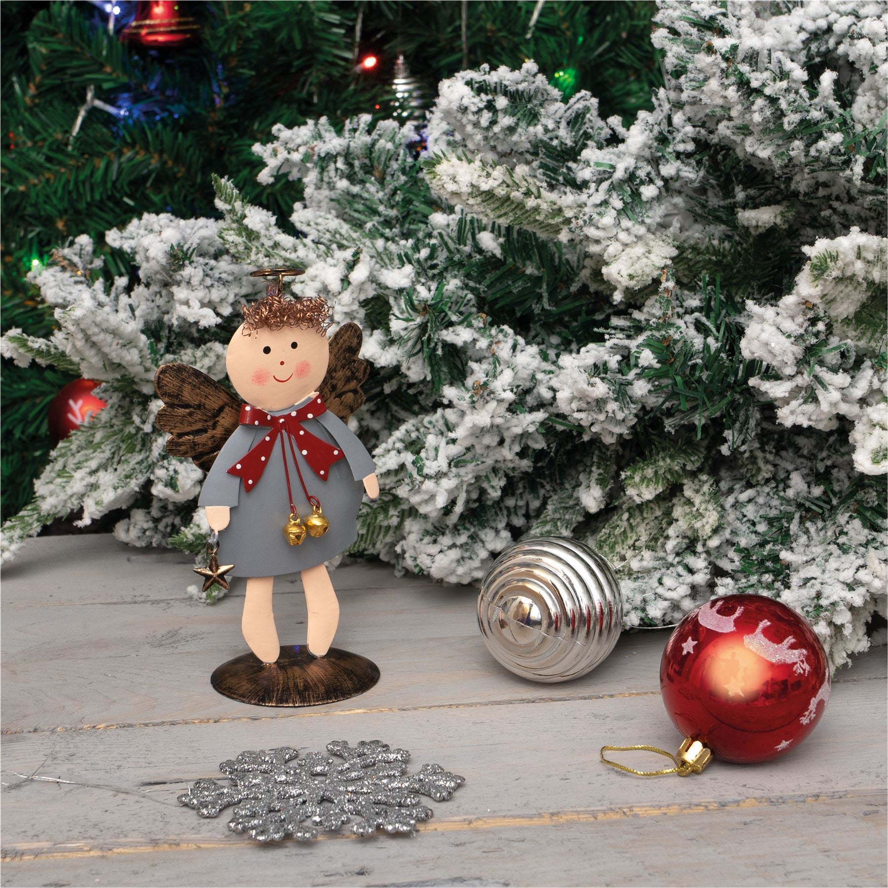 Standing Metal Christmas Angel Ornament Decoration with Wings Halo & Star Bells - Grey