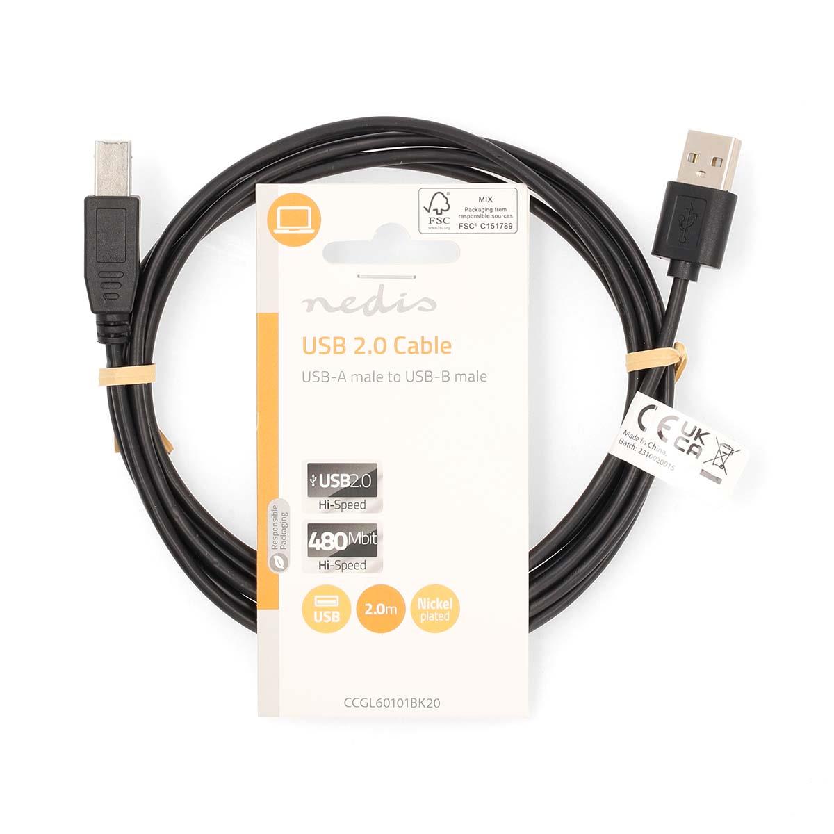 Nedis USB Cable | USB 2.0 | USB-A Male | USB-B Male | 480 Mbps | Nickel Plated | 2.00 m | Round | PVC | Black | Label