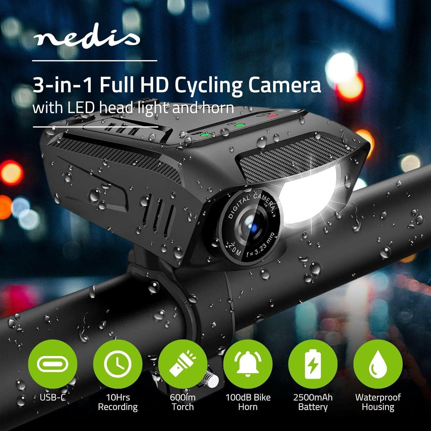 Nedis 3-in-1 Full HD Cycling Camera with Bike LED Head Light & Horn, 1080p 2MP, 600lm Night Mode, Waterproof, USB-C, 10hr Battery, MicroSD Slot � Black