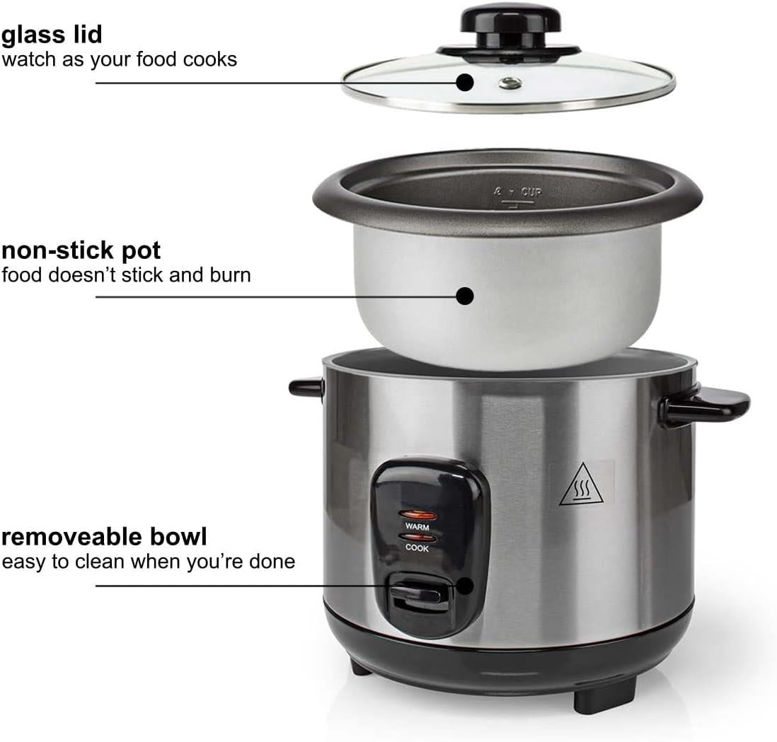 Nedis Rice Cooker, 1L, 400W, Cooks Up to 3 Portions, Non-Stick Removable Bowl, Auto Shut-Off & Keep Warm Function, Easy Meals, Stainless Steel � Silver
