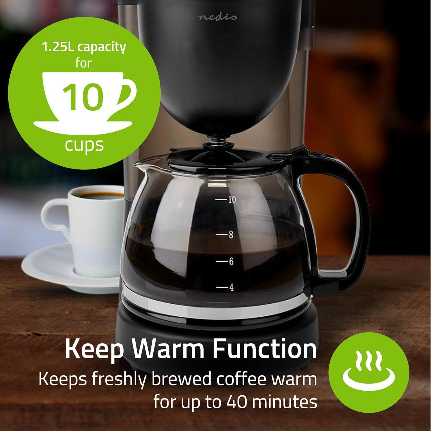 Nedis Coffee Maker 1.25L Easy to Use Keep Warm Function Nylon Reusable Filter - Black
