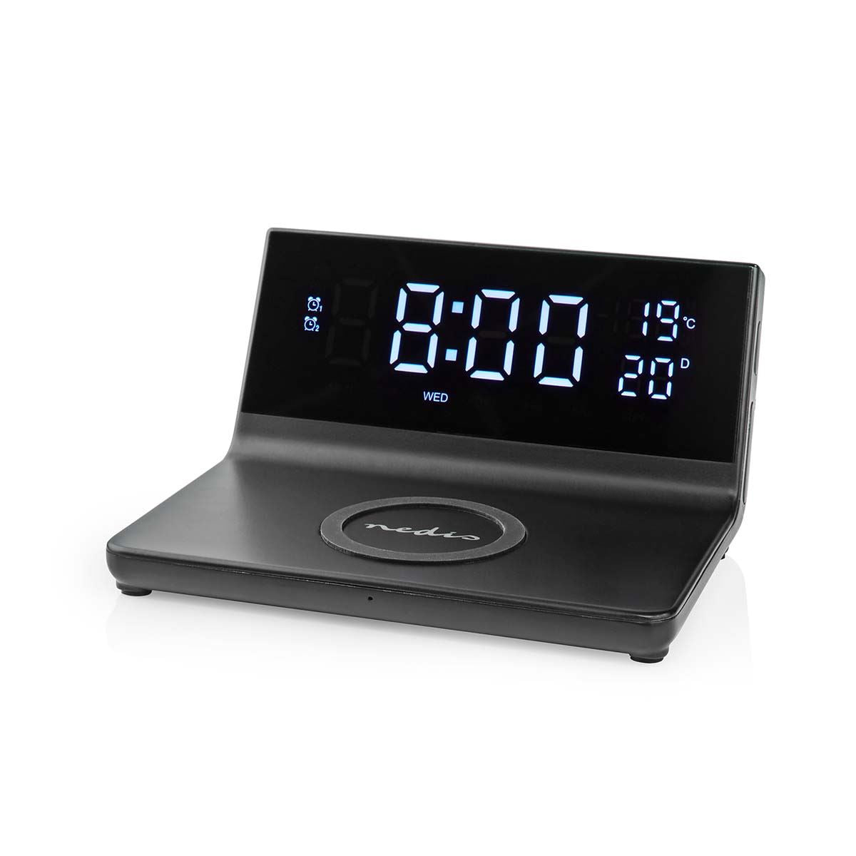 Nedis 3-in-1 Alarm Clock With Qi Wireless Charging, Led Clock, Dual Alarm, Snooze Function, USB Powered - Black