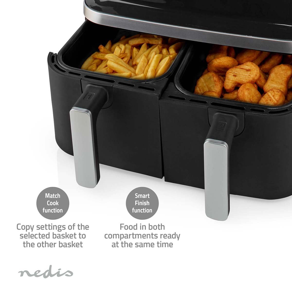 Nedis 8.4L Hot Air Fryer Family Dual Basket Air Fryer with Smart Finish, 10 Pre-Sets and Digital Control Panel - Black