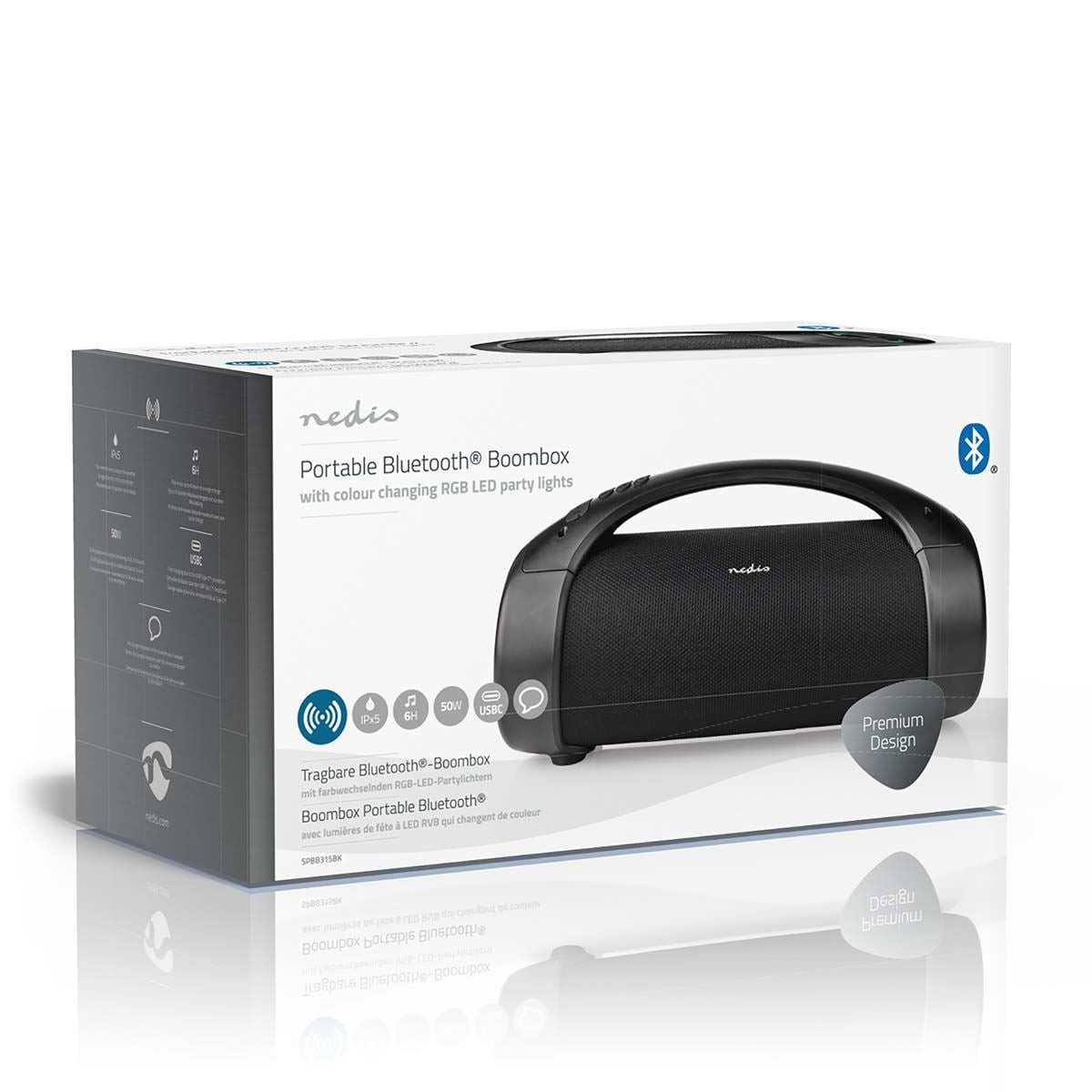 Nedis Bluetooth® Party Boombox | 6 hrs | 2.0 | 150 W | Media playback: AUX / USB | IPX5 | Linkable | Carrying handle | Party lights | Black