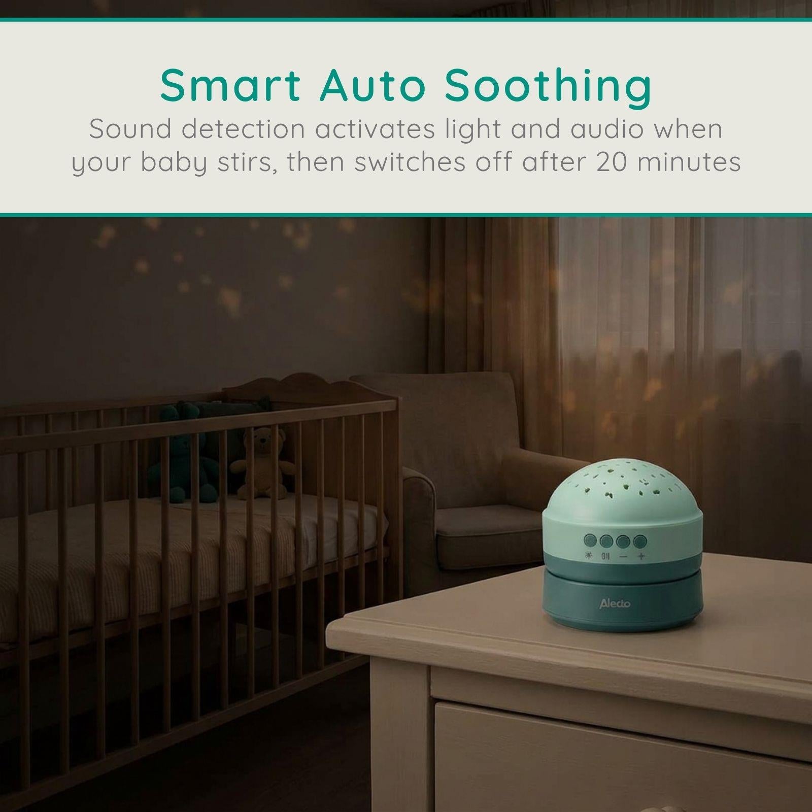 Alecto White Noise Machine, Children and Baby Sleep Aid, Natural Noise & Lullabies Sound Options - Projector Light with 2 Colour Options, Rechargeable