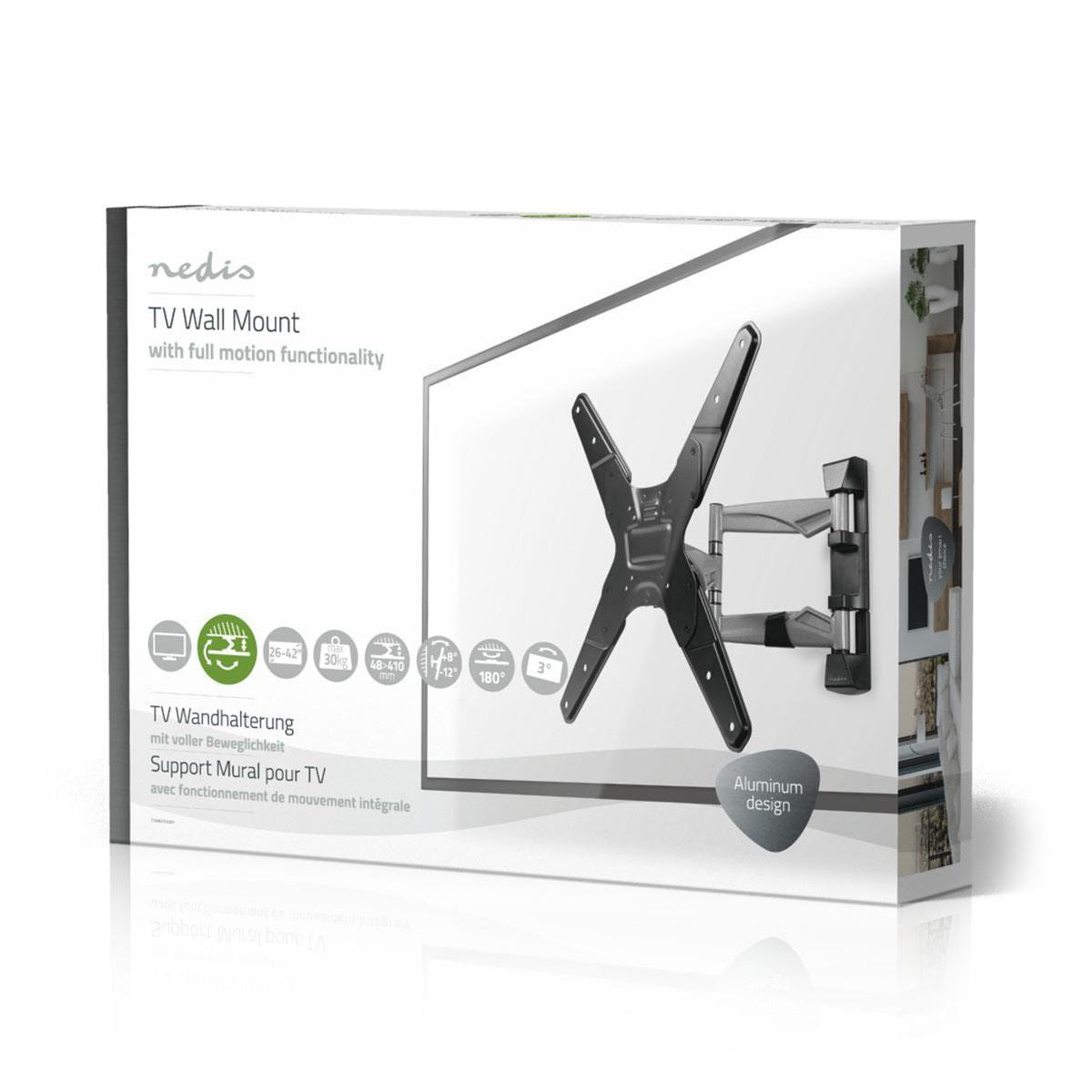 Nedis Full Motion TV Wall Mount | 23 - 55 " | Maximum supported screen weight: 30 kg | Tiltable | Rotatable | Minimum wall distance: 48 mm | Maximum wall distance: 410 mm | 3 Pivot point(s) | Steel | Black