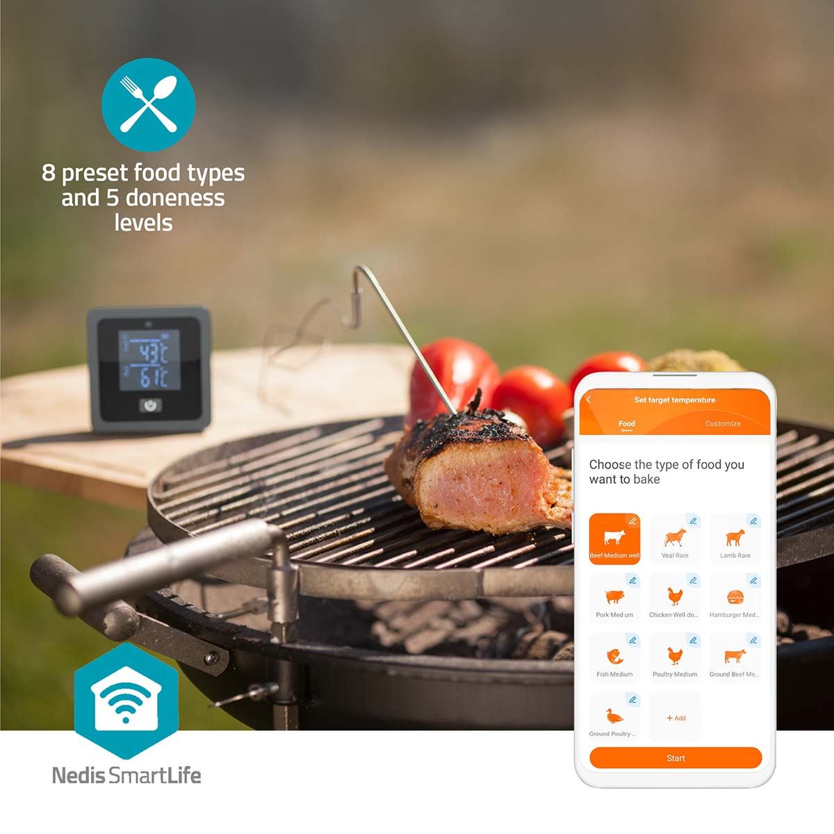 Nedis Leave-in Smart Digital Food, Meat, Baking Thermometer Temperature Probe Cooking Kitchen BBQ, with Alarm, Timer - Black