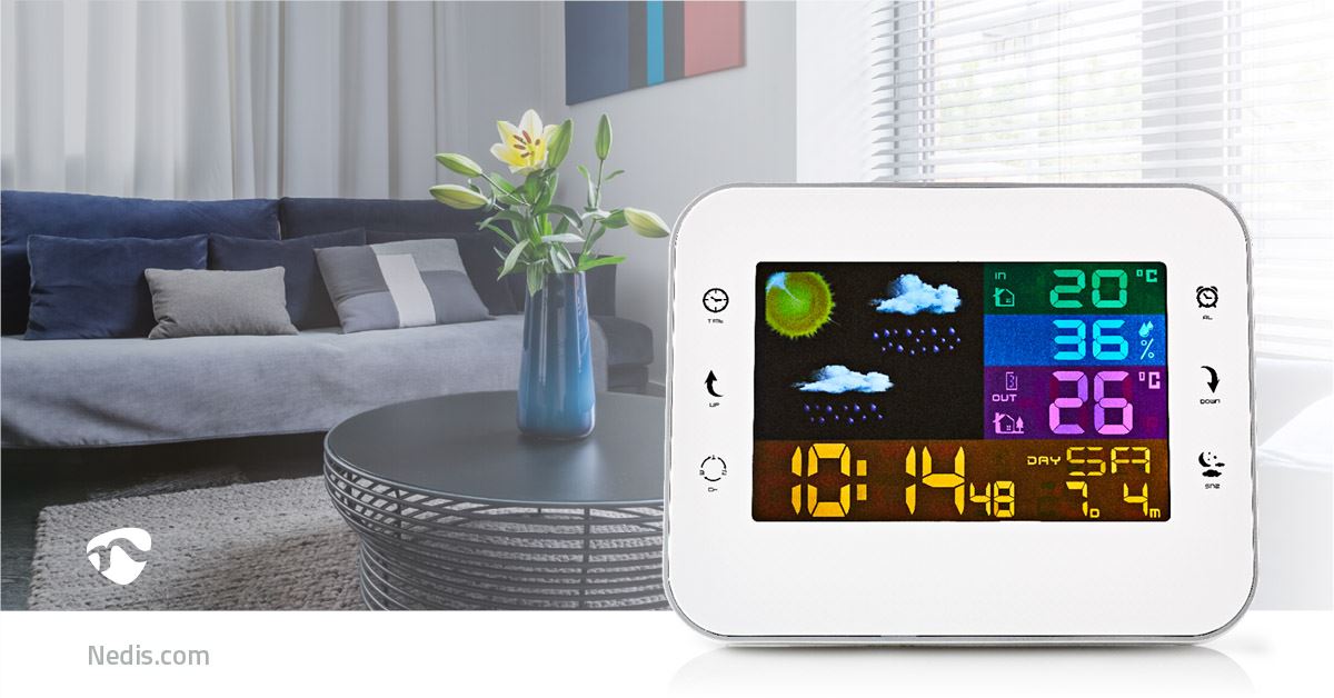 Nedis Weather Station | Indoor & Outdoor | Including wireless weather sensor | Weather forecast | Time display | Colour LCD Display | Alarm clock function