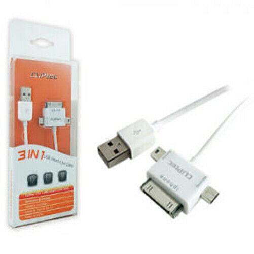 CLiPtec 3 in 1 USB Data/Charge Cable Old Type 30 Pin iPhone iPod iPad, Mini B & Micro B White 1m