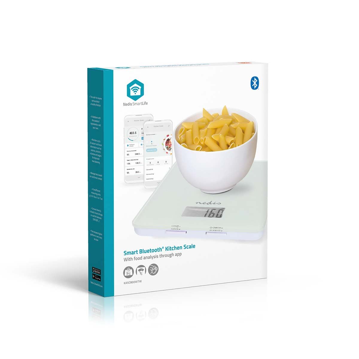 Nedis SmartLife Digital LCD Glass Kitchen Scales with Nutritional Calculator App