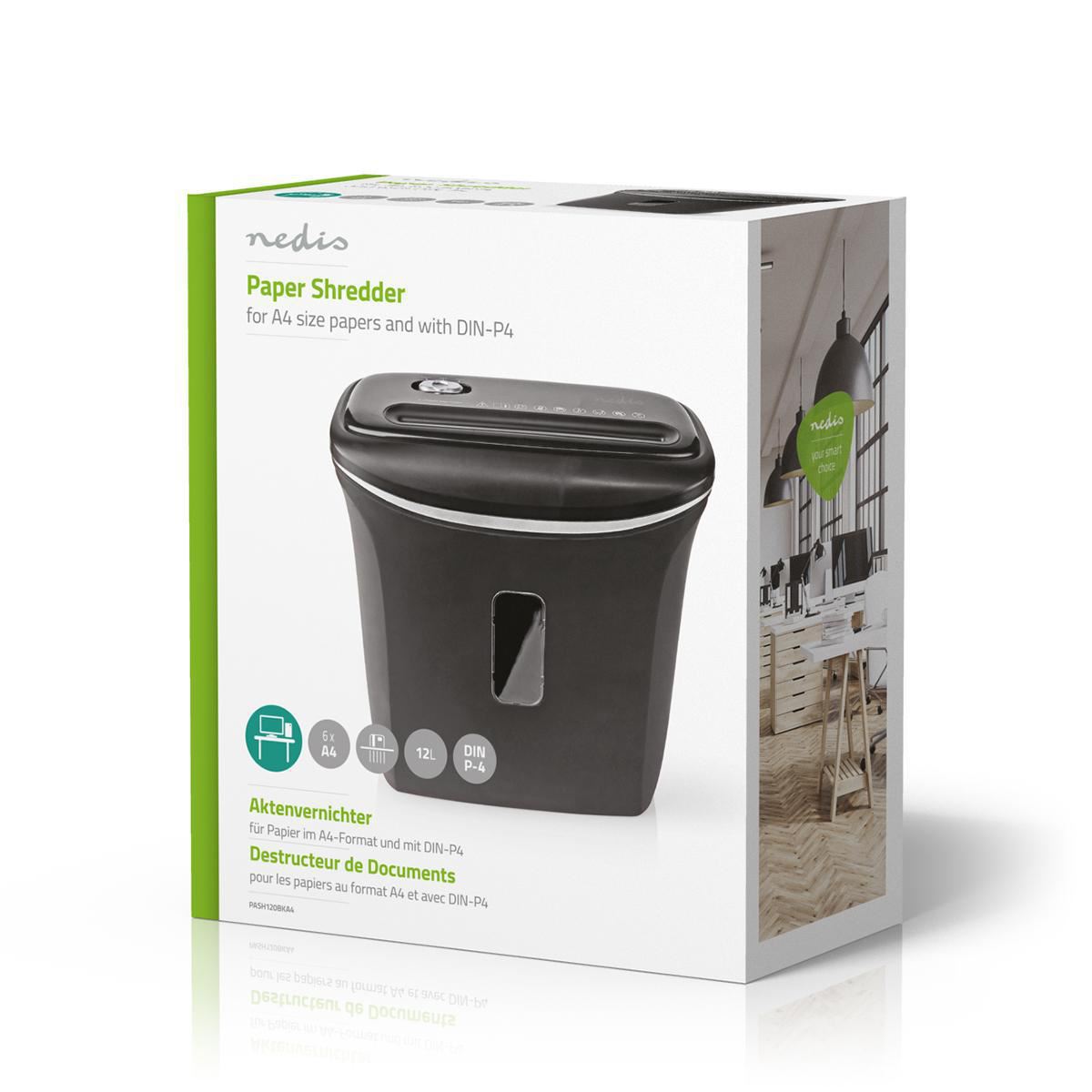 Nedis Paper Shredder, Cross Cut, DIN P-4 Security, 12L Capacity, Keep Your Desk Organised and Securely Dispose of Letters, Files, Invoices and Bank Cards , Black