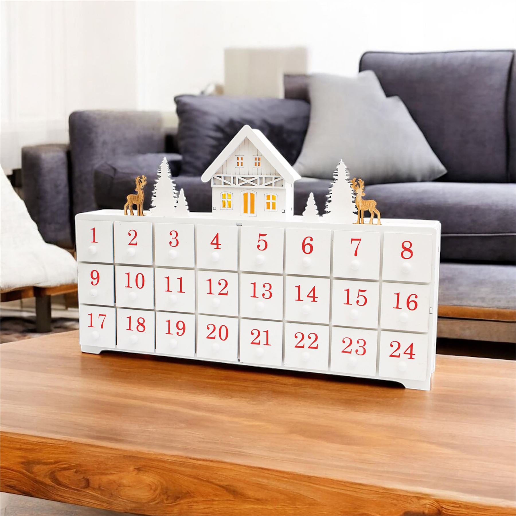 Festive Wooden Christmas Advent Calendar with 24 Individual Drawers and LED Lights - White Reindeer Scene