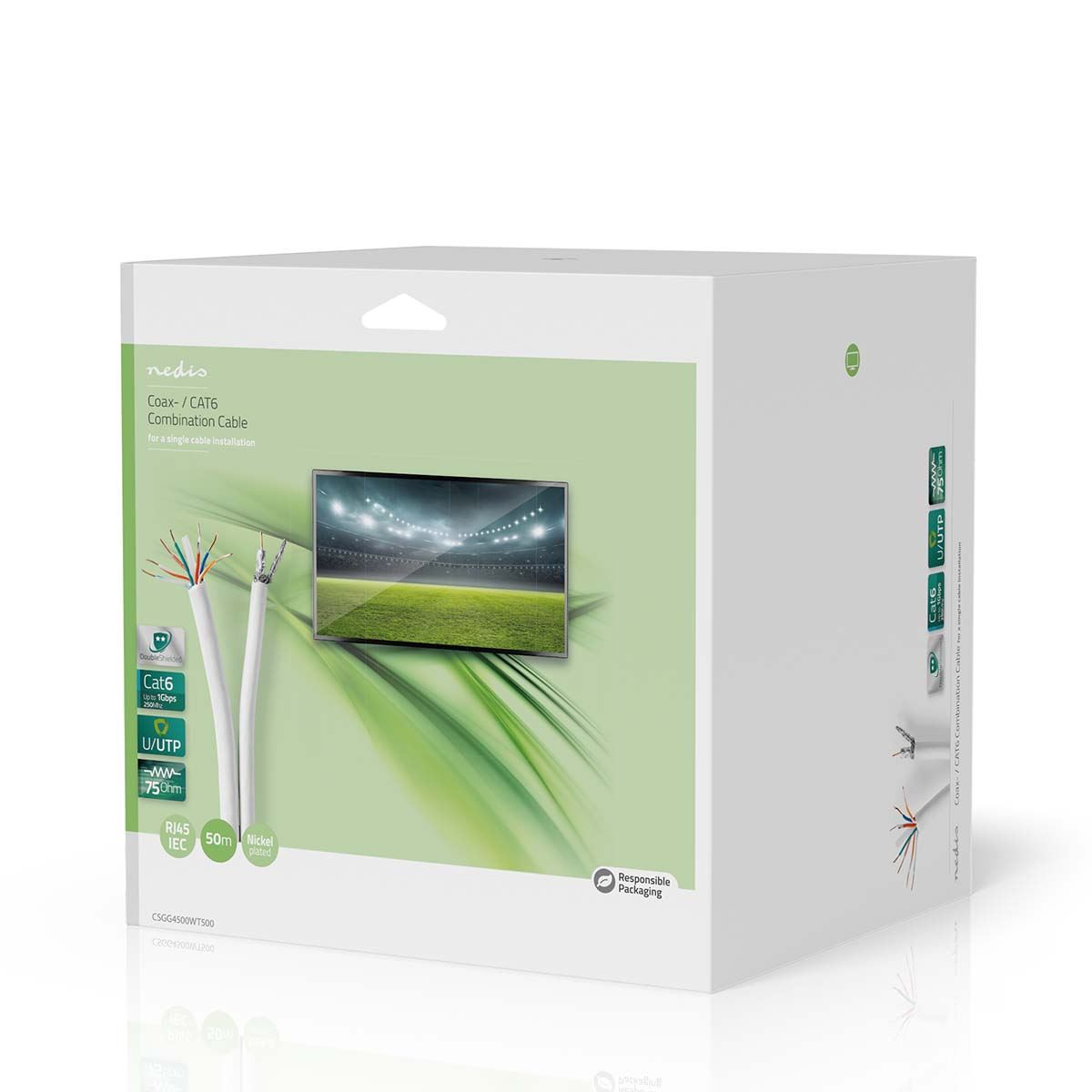 Nedis IEC (Coax) CAT6 Combi Cable on reel | RG58 | 75 Ohm | Triple Shielded | ECA | 50.0 m | Round | White | Gift Box