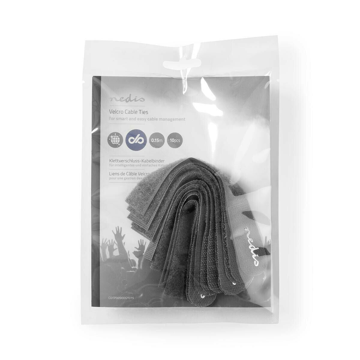 Nedis Hook and Loop Cable Binder | Polybag | Grey | 10 pcs