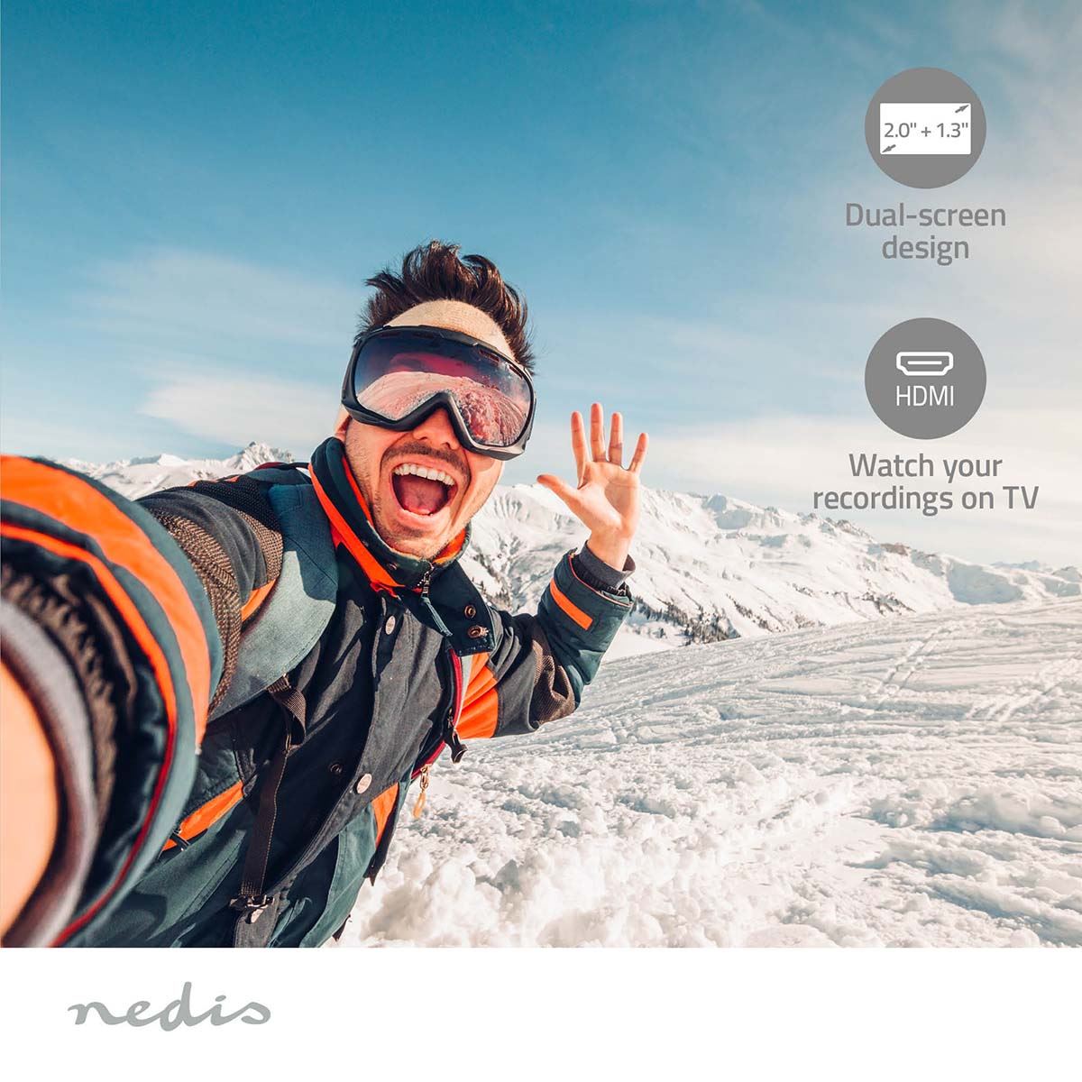 Nedis Dual Screen Action Cam, 4K Ultra HD 30fps, 16MP Photos, 2" Touch Back Screen, 1.3" Front Screen for Selfies & Vlogging, Waterproof to 30m with Mounting Kit and Wi-Fi Connectivity
