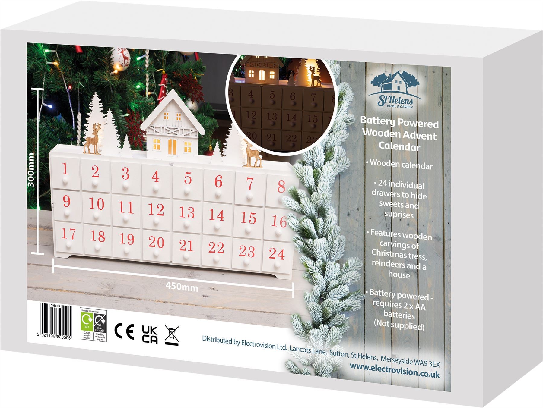 Festive Wooden Christmas Advent Calendar with 24 Individual Drawers and LED Lights - White Reindeer Scene