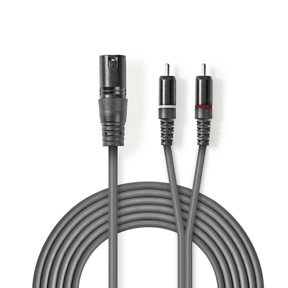 Nedis Balanced Audio Cable | XLR 3-Pin Male | 2x RCA Male | Nickel Plated | 1.50 m | Round | PVC | Dark Grey | Carton Sleeve